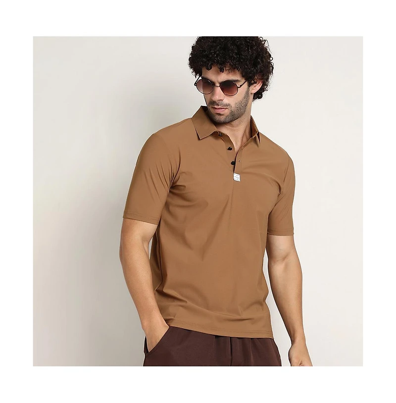Campus Sutra Men's Tan Brown Seamless Waffle Polo T-Shirt