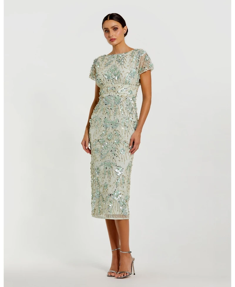 Mac Duggal Women's Embellished Mesh Fitted Short Sleeve Midi Dress