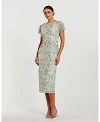 Mac Duggal Women's Embellished Mesh Fitted Short Sleeve Midi Dress