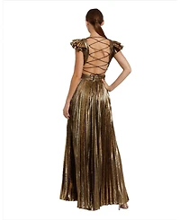 Mac Duggal Women's Ruffle Sleeve Cutout Pleated Metallic Gown