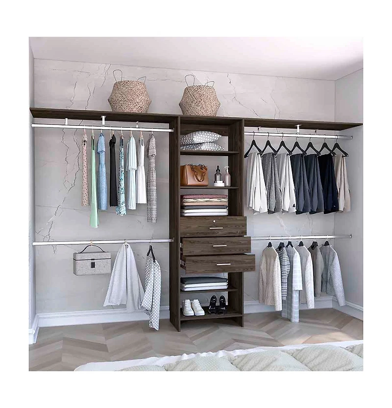 Zamora 69"W - 118"W Closet System with Four Hanging Rods, Three Drawers, and Five Shelves, Dark Walnut
