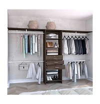 Zamora 69"W - 118"W Closet System with Four Hanging Rods, Three Drawers, and Five Shelves, Dark Walnut
