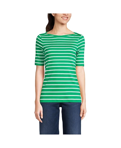 Lands' End Women's Tall Supima Cotton Elbow Sleeve Boatneck Button Shoulder Tee