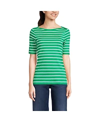Lands' End Women's Tall Supima Cotton Elbow Sleeve Boatneck Button Shoulder Tee