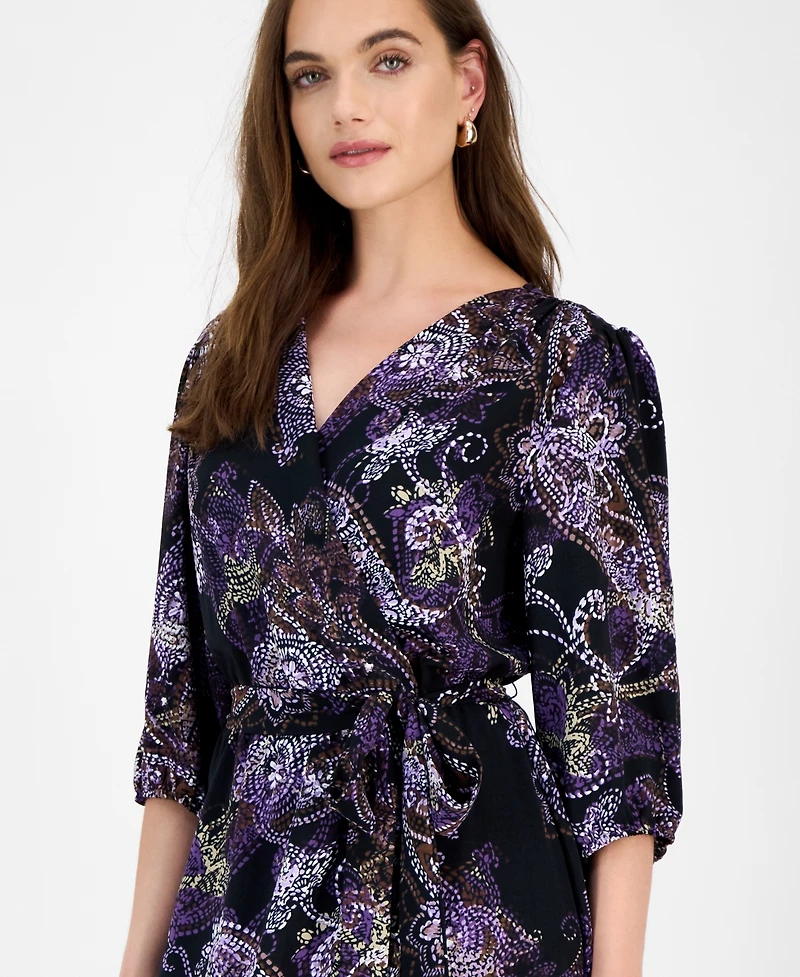 Connected Women's 3/4-Sleeve Faux-Wrap Midi Dress