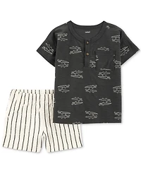 Carter's Baby Boys Alligator-Print Henley T-Shirt & Striped Pull-On Shorts, 2 Piece Set