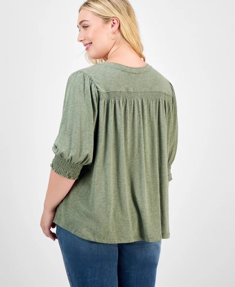 Democracy Trendy Plus Elbow-Sleeve Smocked-Cuff Blouse
