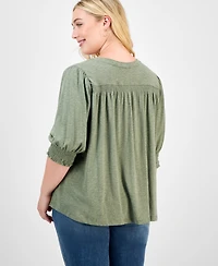 Democracy Trendy Plus Elbow-Sleeve Smocked-Cuff Blouse