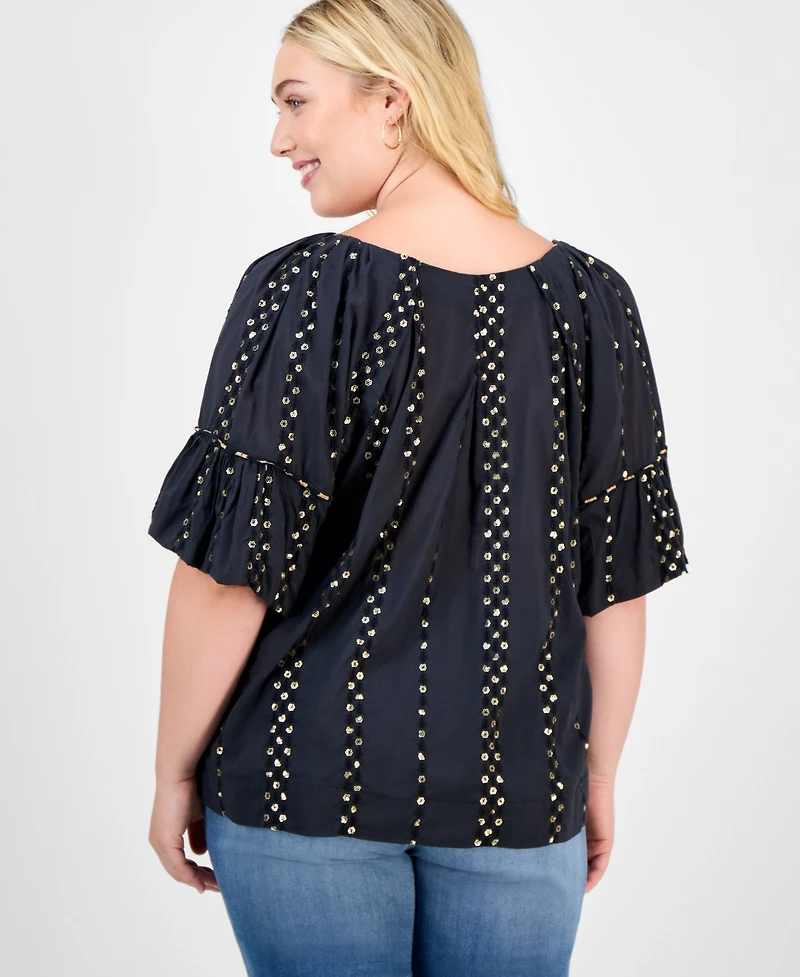 Democracy Trendy Plus Cotton Floral-Trim Bubble-Sleeve Blouse