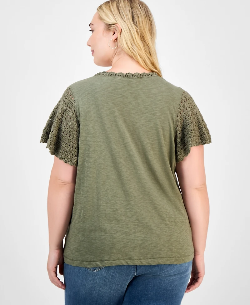 Democracy Trendy Plus Crochet Flutter-Sleeve Top