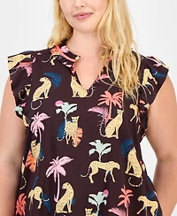 Democracy Trendy Plus Printed Split-Neck Flutter-Sleeve Top