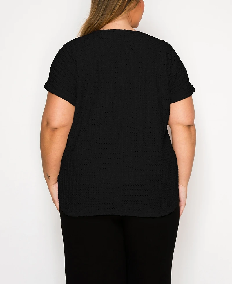 Coin 1804 Plus Eyelet Jersey V Neck Rolled Sleeve Top