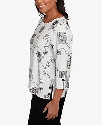 Alfred Dunner Women's Santa Barbara Geometric Floral Soutache Embroidered Top
