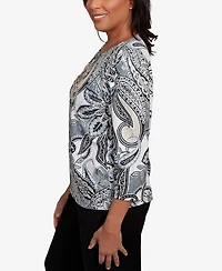 Alfred Dunner Women's Santa Barbara Reversible Paisley Crew Neck Top with Necklace