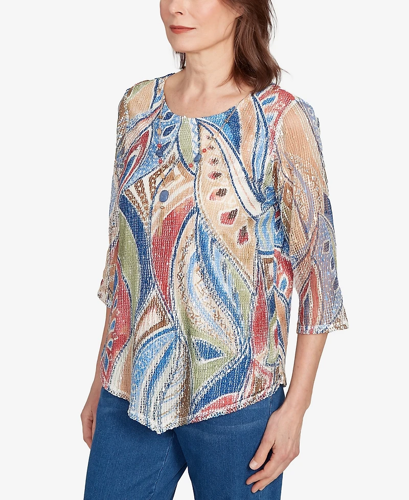 Alfred Dunner Women's El Paso Printed Leaf Textured Top with Necklace