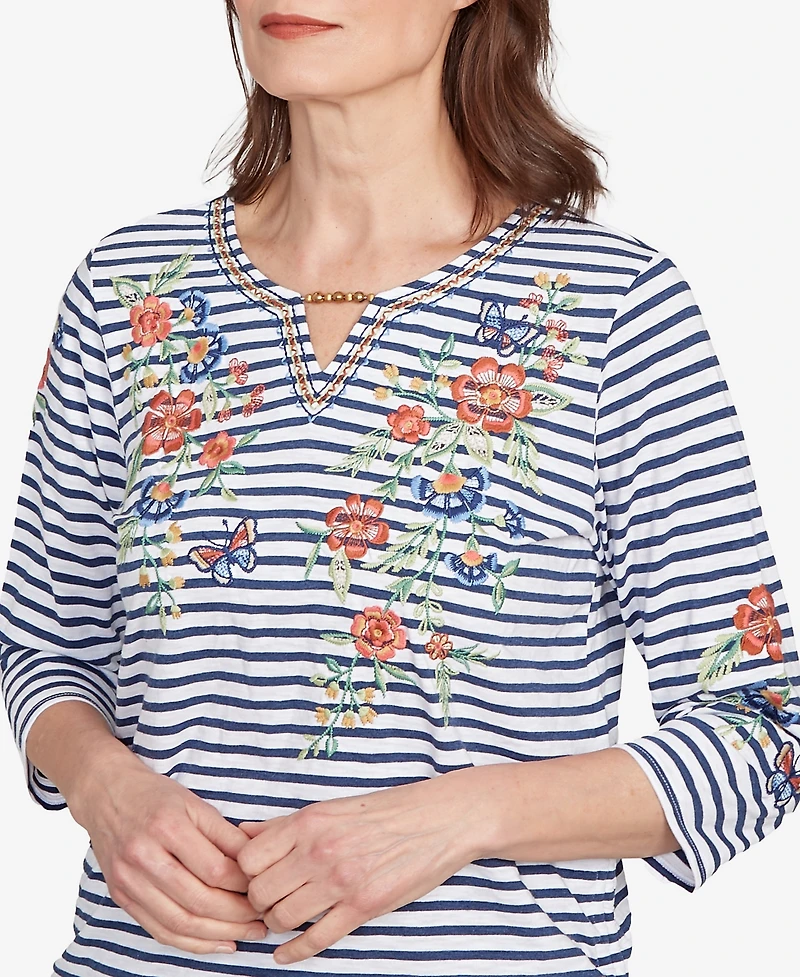 Alfred Dunner Women's El Paso Floral Stripe Ruched Sides Top