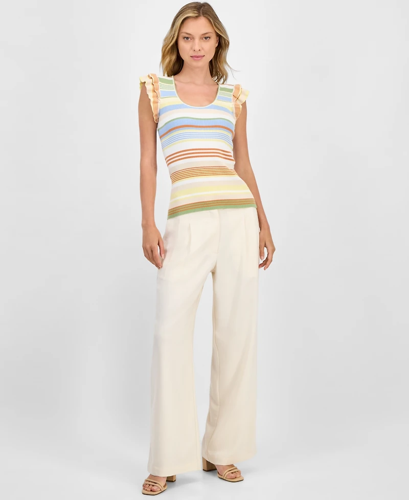 T Tahari Women's Striped Ribbed Flutter-Sleeve Scoop-Neck Top