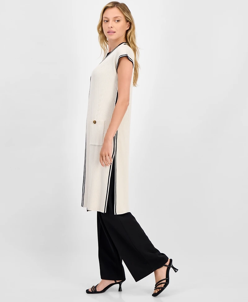 T Tahari Women's Ribbed Pocket-Front Cardigan Sweater