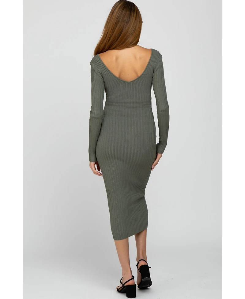 Pinkblush Maternity Light Olive V-Neck Long Sleeve Fitted Maxi Dress