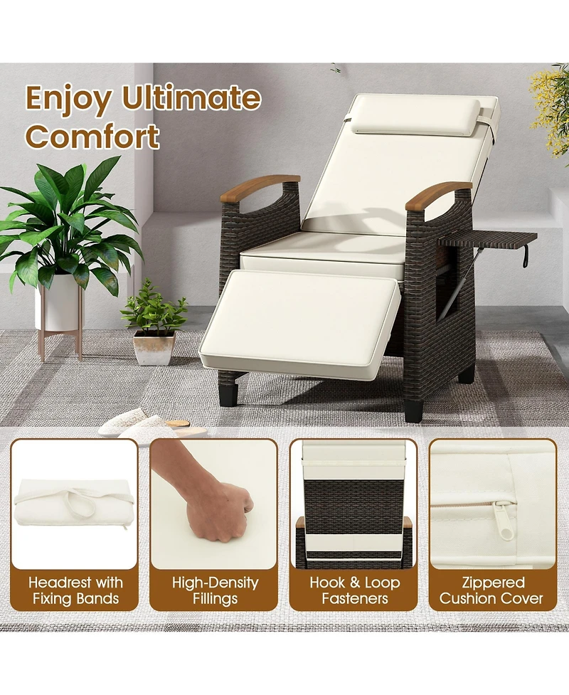 Gymax Patio Rattan Lounge Chair Pe Wicker Recliner w/ Adjustable Backrest & Footrest
