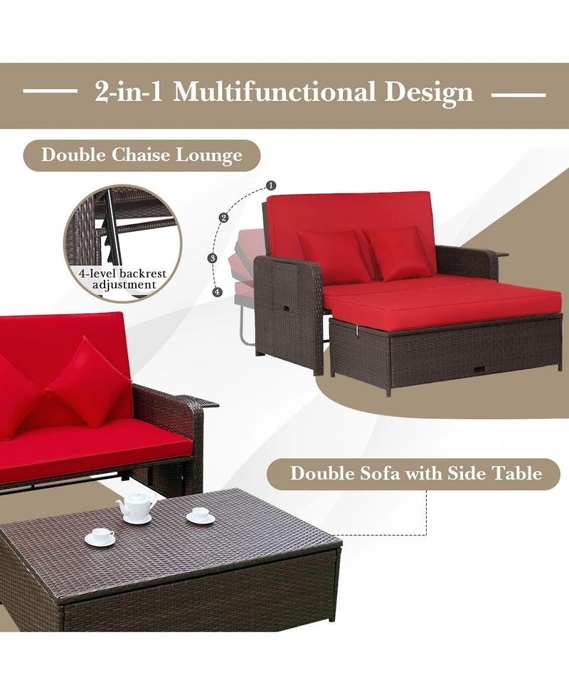 Gymax Rattan Loveseat Set Daybed Lounge w/ Storage Ottoman Side Tables Adjust Patio