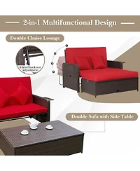 Gymax Rattan Loveseat Set Daybed Lounge w/ Storage Ottoman Side Tables Adjust Patio