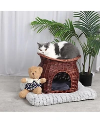 Bingopaw 2-Tier Elevated Cat Bed Wicker Ratten Cat Basket Cave W/ Soft Cushion