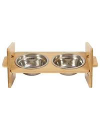 Bingopaw Adjustable Dual Cat Bowl Bamboo Elevated Stand Steel Pet Feeder Bowls