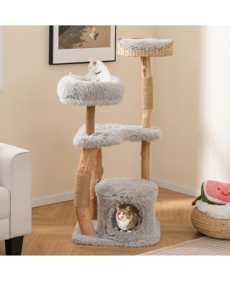 Solid Wood Cat Tower with Top Cattail Basket Cat Bed