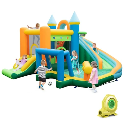 Inflatable Water Slide with Dual Slides and Splash Pool Bounce House with 735W Blower - Multi