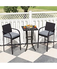 3-Piece Patio Wicker Rattan Bar Height Chairs and Square Table Set