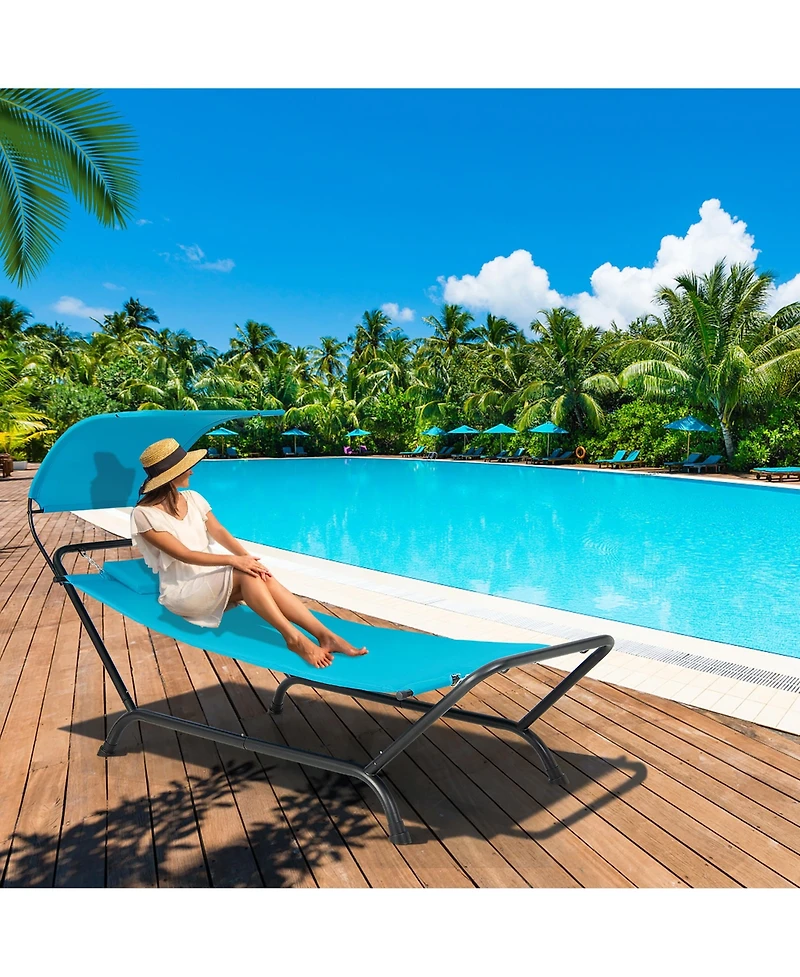 Gymax Chaise Lounge Bed w/ Detachable Sunshade Canopy Hammock Rustproof Metal Stand