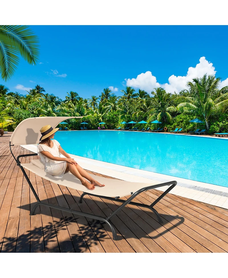 Gymax Chaise Lounge Bed w/ Detachable Sunshade Canopy Hammock w/ Rustproof Metal Stand