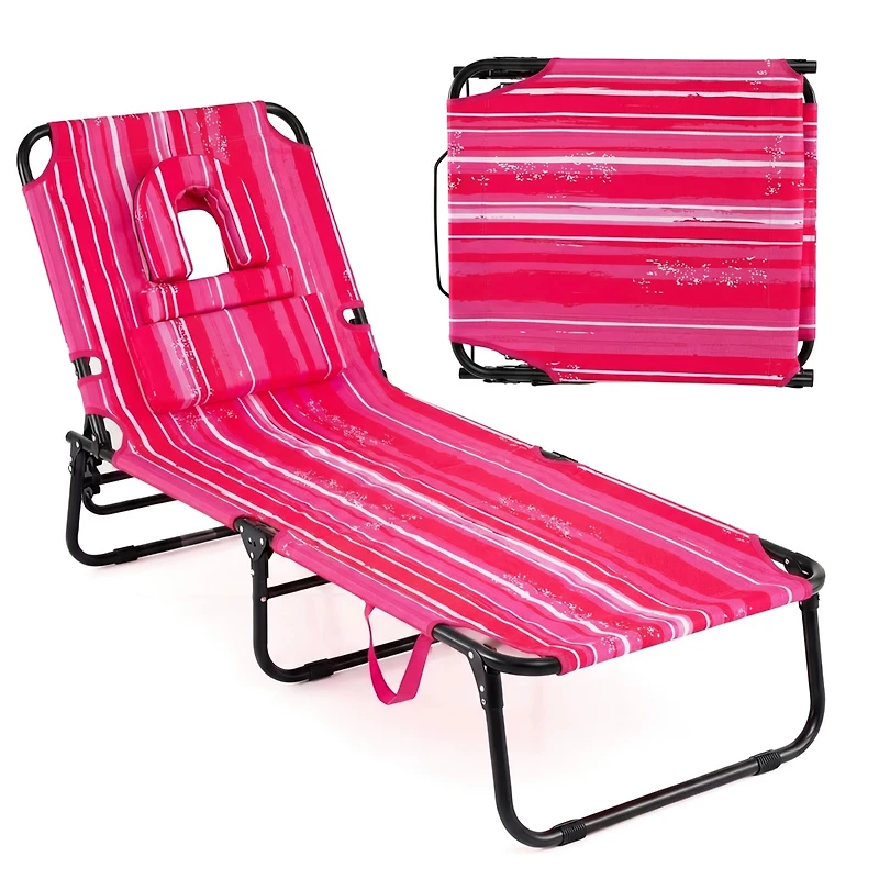 Gymax Beach Chaise Lounge Chair w/ 5-Position Adjustable Backrest & Face Hole Pillows