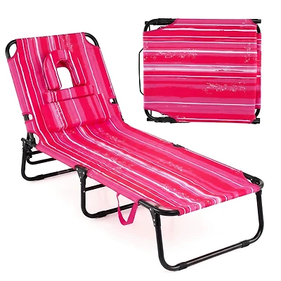 Gymax Beach Chaise Lounge Chair w/ 5-Position Adjustable Backrest & Face Hole Pillows