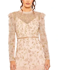 Mac Duggal Women's High Neck Flutter Cap Long Sleeve Tiered Embellish