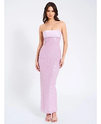 Miss Circle Women's Lainey Purple Satin Sequin Pearls Beaded Maxi Dress