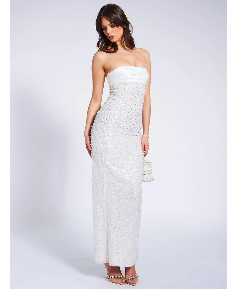 Miss Circle Women's Lainey White Satin Sequin Pearls Beaded Maxi Dress