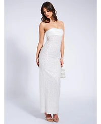Miss Circle Women's Lainey White Satin Sequin Pearls Beaded Maxi Dress