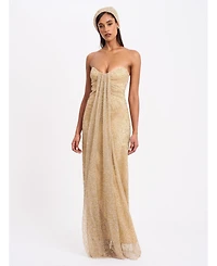 Miss Circle Women's Ada Gold Rhinestone Embellished Strapless Gown with Head Scarf