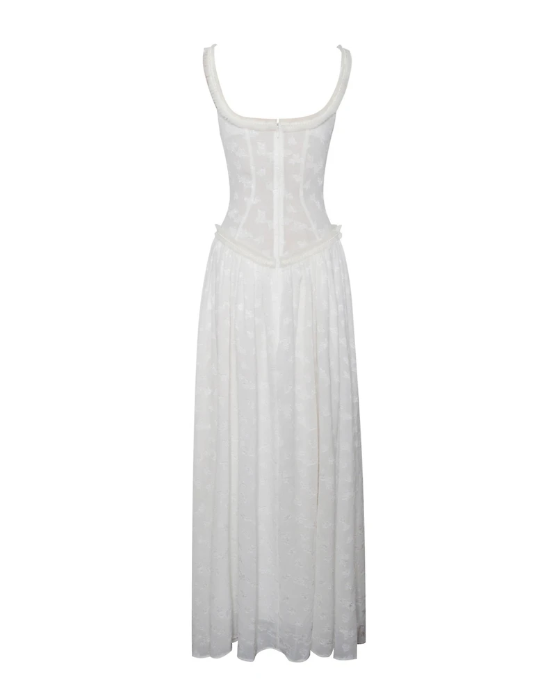 Miss Circle Women's Ulissa White Square Neck Jacquard Textured High Slit Maxi Dress