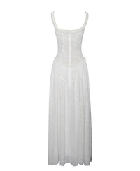 Miss Circle Women's Ulissa White Square Neck Jacquard Textured High Slit Maxi Dress