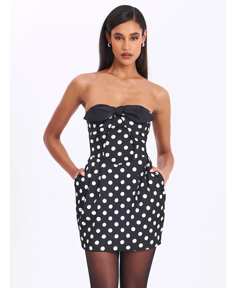 Miss Circle Women's Tahira Black Polka Strapless Mini Dress with Bow