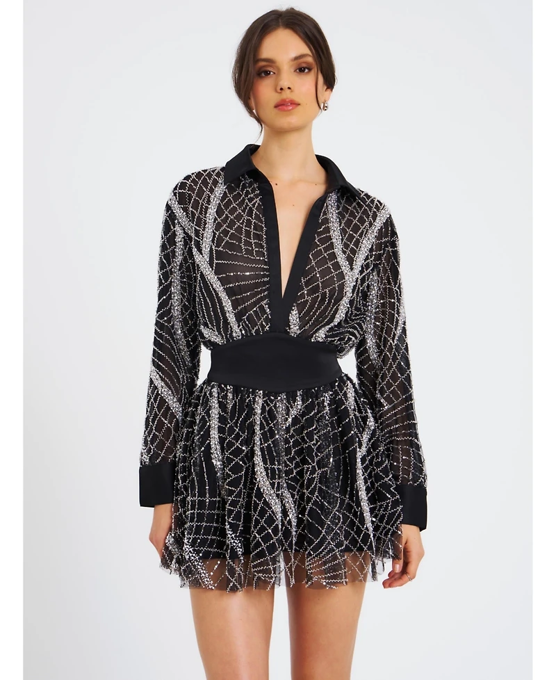 Miss Circle Women's Rachelle Black Embroidered Mesh Mini Shirt Dress