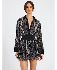 Miss Circle Women's Rachelle Black Embroidered Mesh Mini Shirt Dress