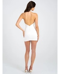 Miss Circle Women's Ori White Halter Neck Crystal Pearl Mini Dress