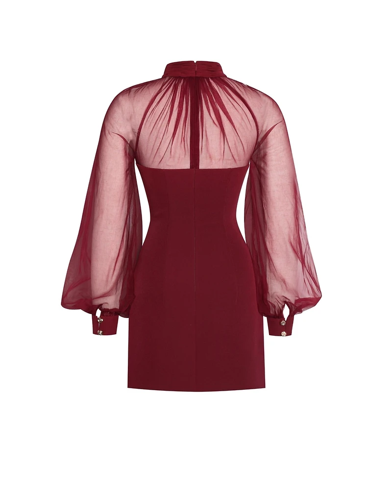 Miss Circle Women's Tabitha Burgundy Mesh Lantern Sleeve Mini Dress