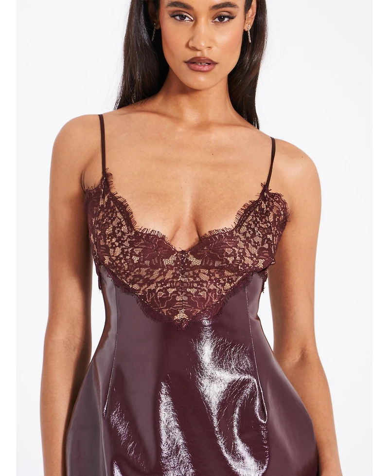 Miss Circle Women's Shelby Dark Brown Faux Leather with Lace Mini Dress