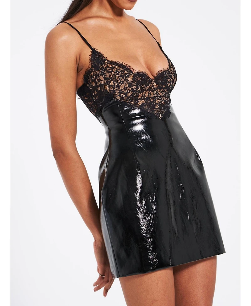 Miss Circle Women's Shelby Black Faux Leather with Lace Mini Dress