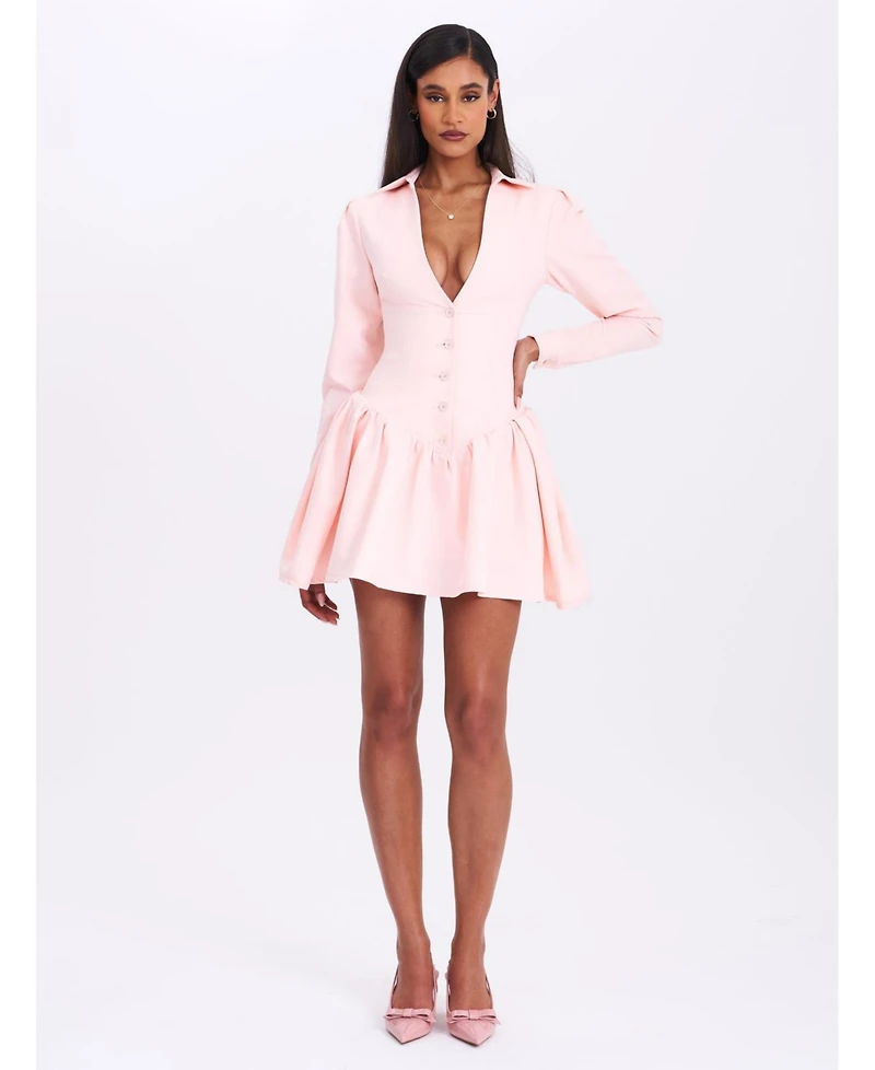 Miss Circle Women's Xabrina Macaron Pink Long Sleeve Shirt Mini Dress